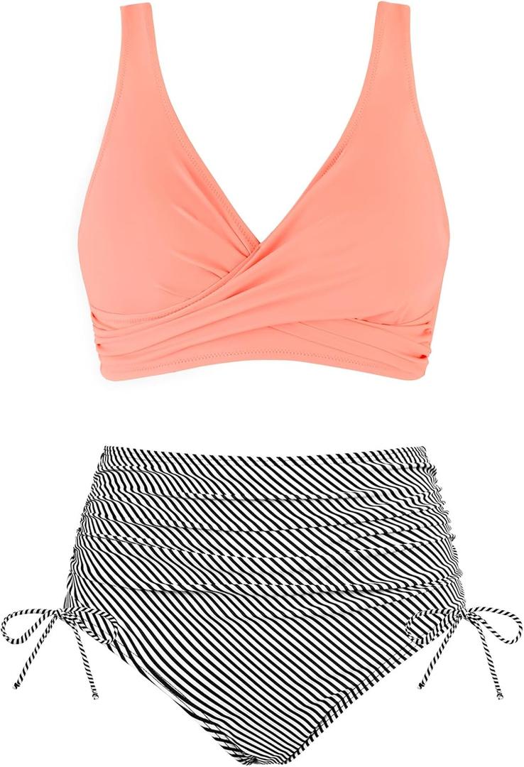 Women's High Waisted Bikini Sets V Neck Twist Front Ruched Bathing Suit Padded Lace Up Back Two Piece Swimsuit (S)