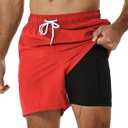 SILKWORLD Mens Swimming Trunks with Compression Liner 2 in 1 Quick-Dry Swim Shorts with Zipper Pockets (Large, Orange Red)