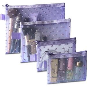 4-Piece Heart Printed Mesh Makeup Bag Set, Portable Travel Cosmetic Bags Toiletry Bags Makeup Purse Bags Zipper Storage Pouches for Home Offices Travel Accessories (Light Purple)