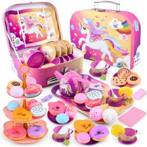 Auney Tea Party Set Toys for Girls, Tin Unicorn Tea Set Pretend Play Girls Toys Gifts for Age 3-6, Kids Toys Gifts for Toddlers Including Carrying Case (New Unicorn)