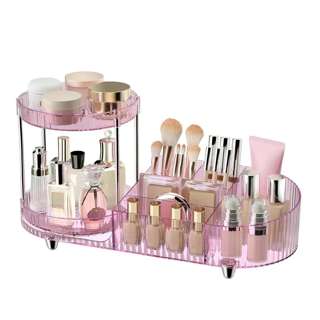 360 Rotating Vanity Makeup Organizer, 2 Small Trays & 5 Compartments for Cosmetics, Skincare, Perfume, Lipstick & Make up Brushes Holder, Dresser Countertop Organizers and Storage for Bathroom, Desk (Pinkish Purple)