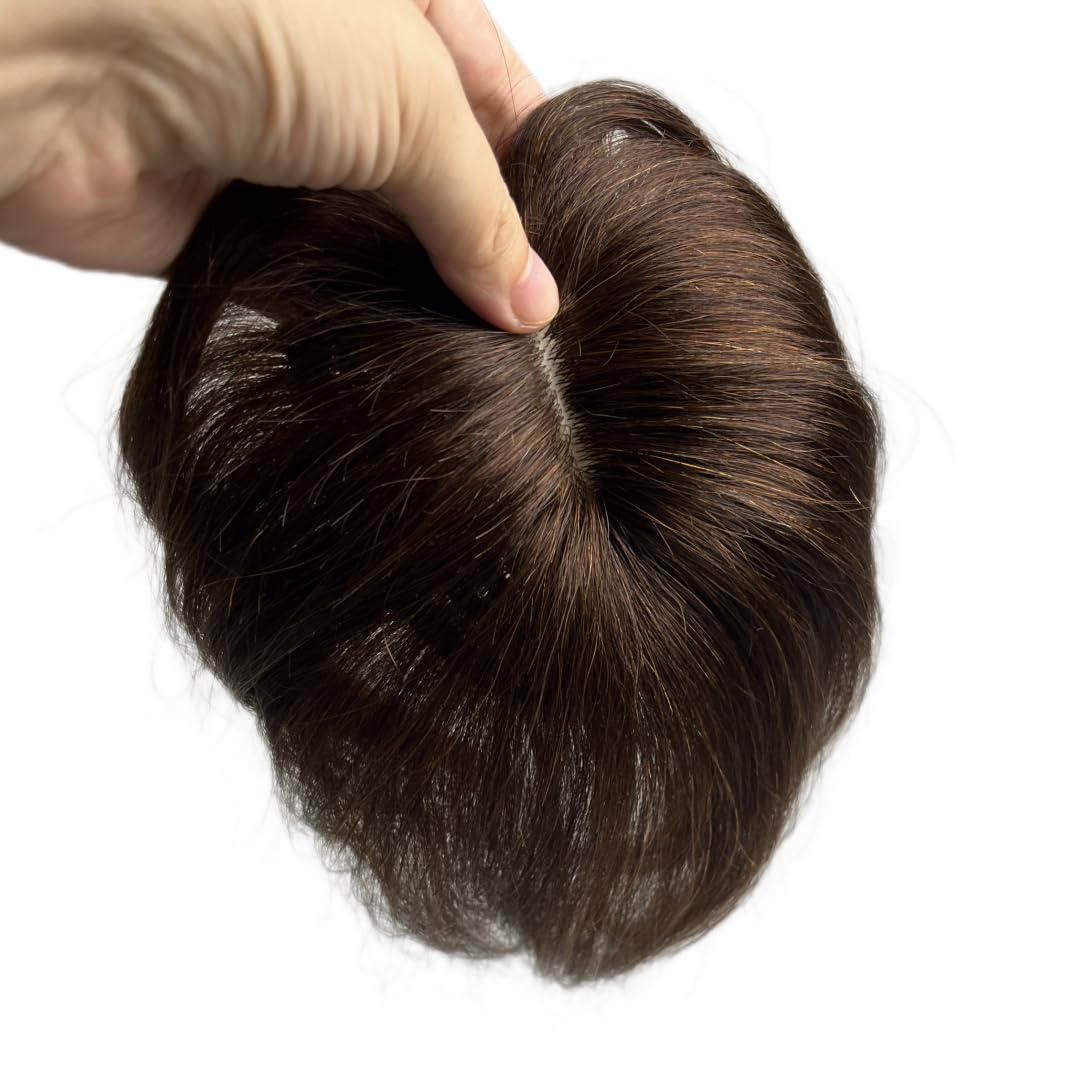 Short Clip in Human Hair Bangs, Lace Human Hair Toppers for Women Thinning Hair Middle Part Straight Hairpieces Extensions 6inch (Dark Brown+Short Hair)