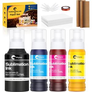 Hiipoo Sublimation Ink Set with 110 Sheet Sublimation Paper 8.5x11 120G, 2 Pack Teflon Sheet, Heat Tape Compatible for Inkjet Printer ET-2720 ET-2760 ET-2800 ET-2803 ET-2400 ET-4700 ET-4800 ET-15000