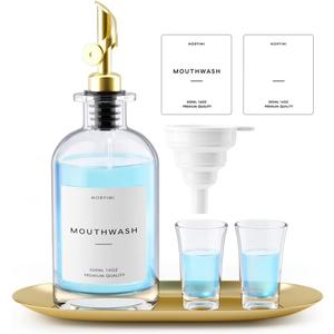 Mouthwash Dispenser, 16oz Glass Mouthwash Decanter for Bathroom, Mouth Wash Container Mouthwash Bottle with Pour Spout, Reusable Mouthwash Dispenser Set with Cups and Gold Tray