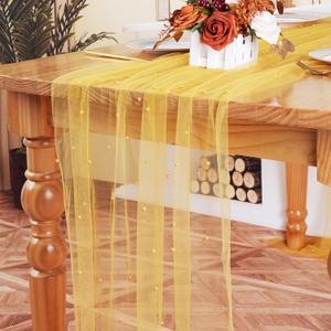 10pcs Golden Yellow Pearl Table Runner 120 Inch Long Boho Rustic Tulle Lace Table Runner for Baby Bridal Shower Wedding Arch for Spring Summer Pearl Table Cloth Decor