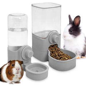 Fhiny Rabbit Food & Water Dispenser, Large Capacity Gravity Guinea Pig Feeder and Waterer Set Hanging Automatic Bunny Feeder for Cage for Bunny Guinea Pig Chinchilla Ferret Cat Puppy (Grey)