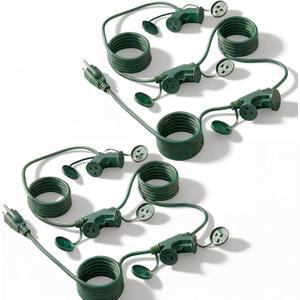 2 Pcs 20FT Outdoor Extension Cord for Yard Landscape Inflatables Lighting Decor, 1 to 3 Splitter Extension Cable with 6 Ground Plug Safety Covers Each, Dual-Head Outlets UL Listed Weatherproof