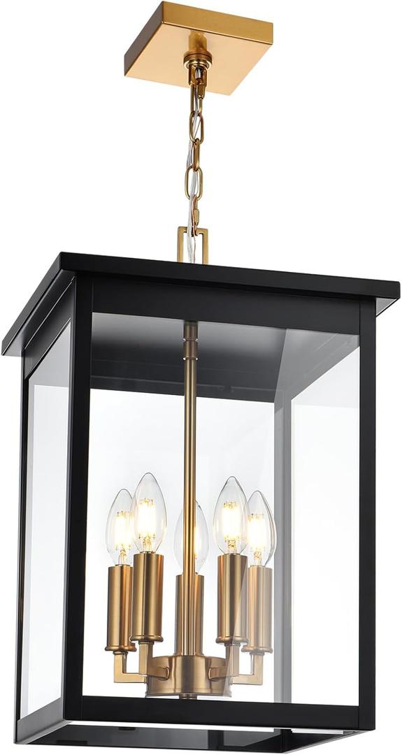 Large Outdoor Pendant Light Fixtures, 5-Lights Porch Ceiling Mount Lighting Adjustable Chain, Exterior Hanging Lamp Waterproof for Front Door Entryway Backyard Patio, E12 Bulb Base