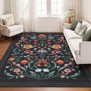 GarveeHome Washable Rug 8x10 Area Rugs for Living Room, Floral Rug for Bedroom, Soft Vintage Non Slip Throw Rugs with Rubber Back, Low Pile Stain Resistant Boho Floral Carpet for Dining Room, Black