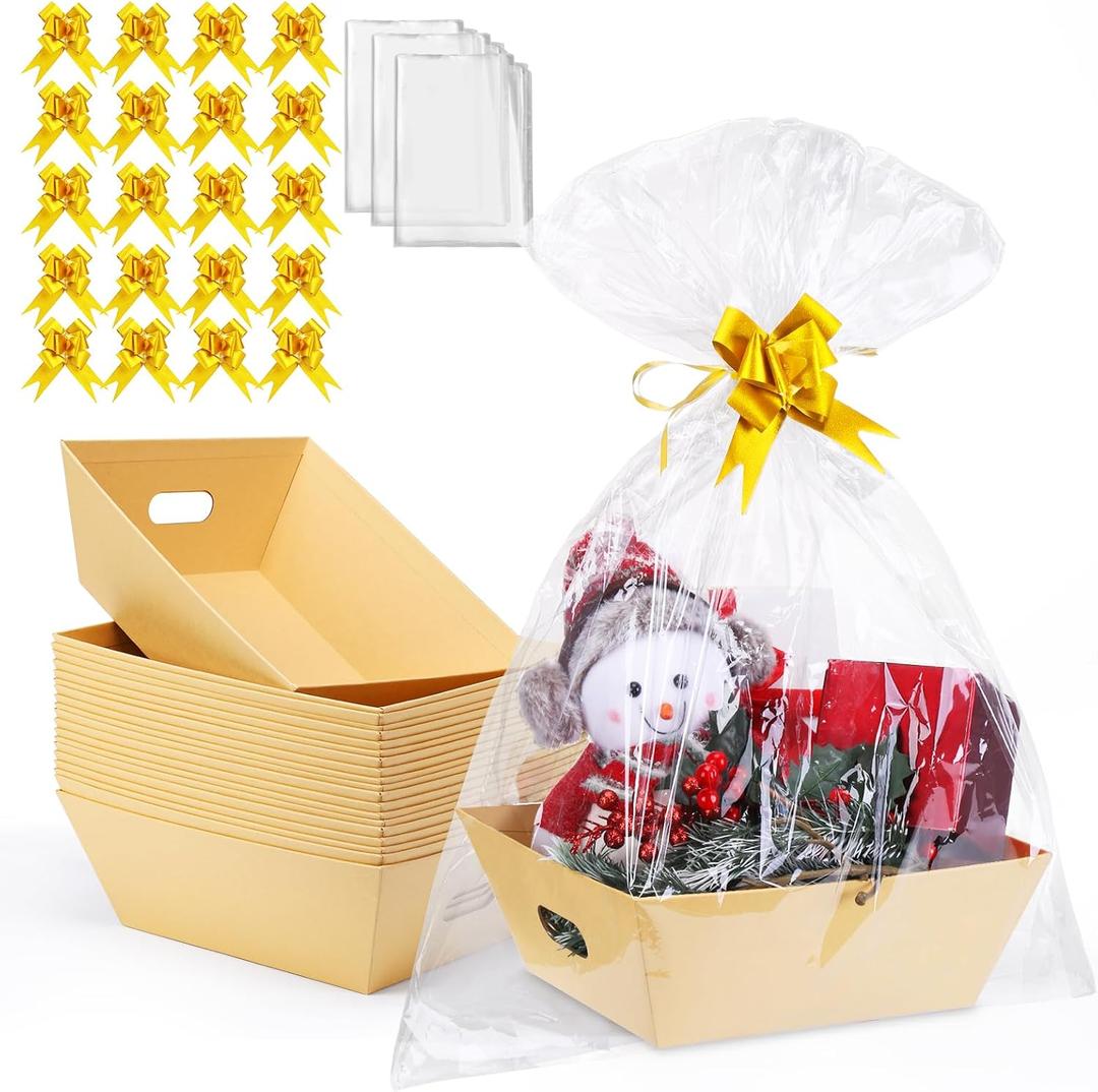 AFOROEOA 20PACK Baskets for Gifts Empty, 10x12Thick Kraft Gift Basket with 20 Bows 20 Bags Empty Gift Baskets for Christmas, Valentines Day, Easter, Birthdays, Snacks, Farmers Market
