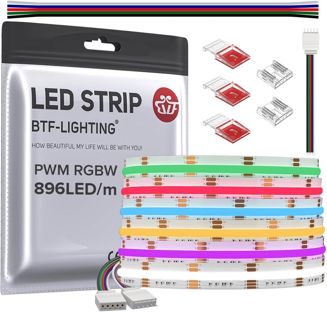 BTF-LIGHTING FCOB COB LED Strip RGBW 6500K 896LED/m 16.4FT DC24V Color Changing Flexible High Density Uniform Light 12mm Width for Home Indoor Decoration(No Adapter or Controller) (RGB+Cool White)
