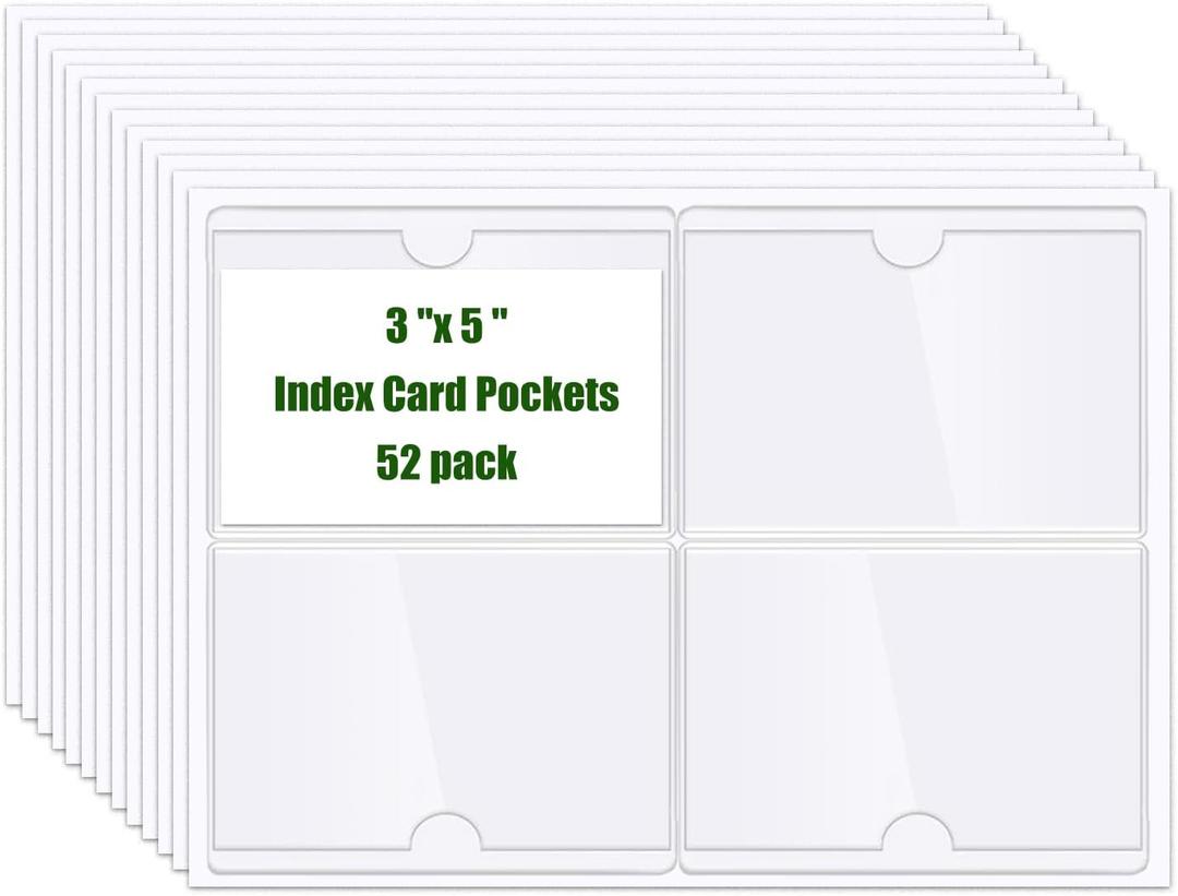 Self Adhesive 3"x 5" Index Card Pockets with Top Open for Loading 52 Pack, Goefun Clear Adhesive Pockets Plastic Labels for Storage Bins and Note Cards Lockers