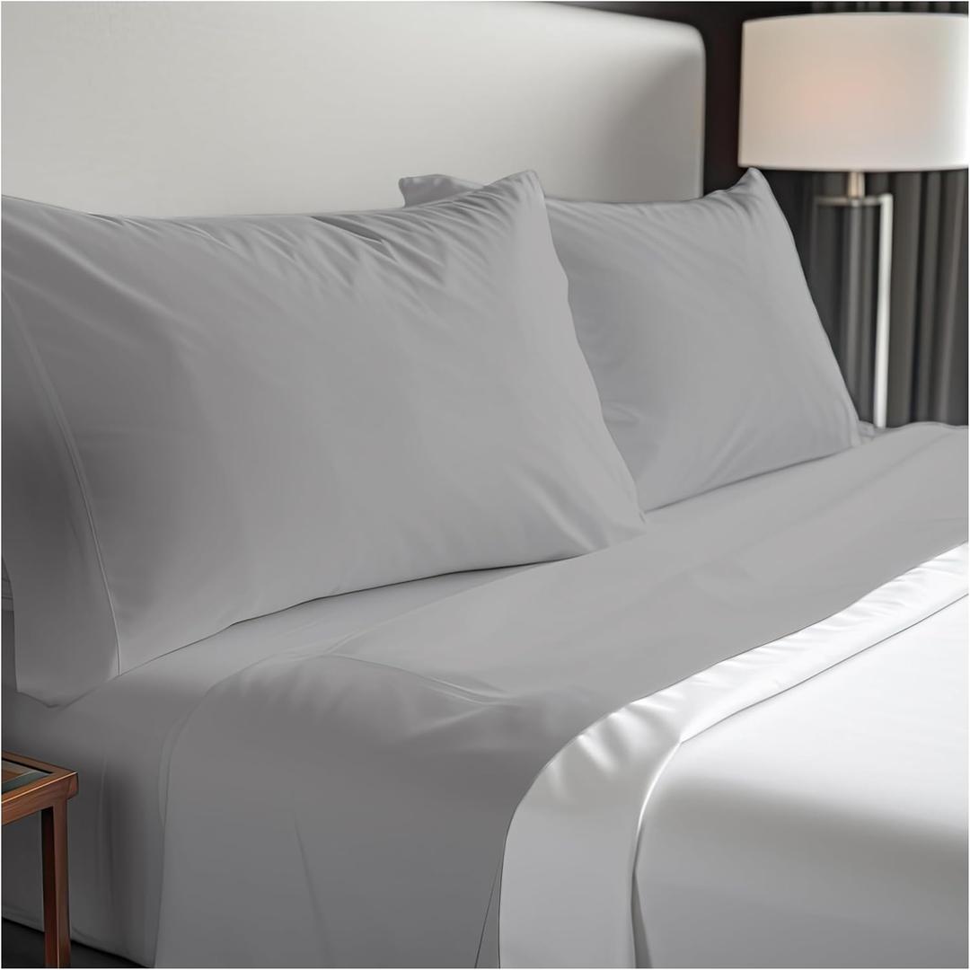 DwellStudio Luxe Comfort: 400TC Cotton Sateen Weave King Sheet 4 Pc Set - Extra Deep Pocket - Fits 18" Mattresses - Gray, King