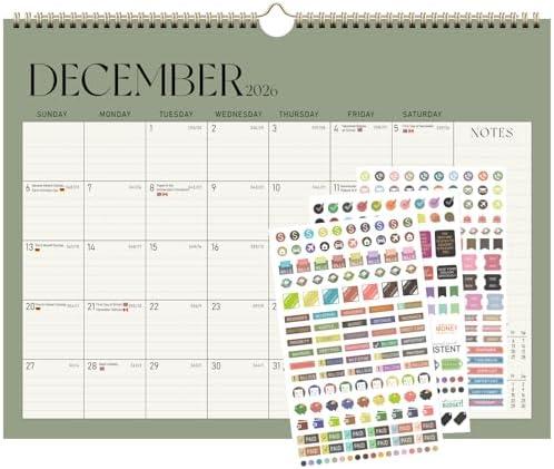 2025-2026 Wall Calendar, Monthly Wall Calendar from July 2025 to December 2026, 11.5" x 14.5", With Spiral Binding and Thick Paper, Perfect for School Office or Home, Green Pack of 2