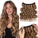 MY-LADY Wavy Halo Hair Extensions Real Human Hair for Women Medium Brown & Dark Blonde Clip in Remy Hairpiece with Adjustable Invisible Wire 18 Inch 65G