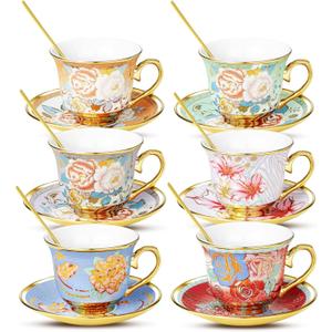 Tea Cups and Saucers, Tea Cup Set of 6, 8 OZ Floral Cups Porcelain Cup Set for Cappuccino, Coffee, Afternoon Tea Birthday Party Supply Housewarming Gift