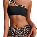 AI'MAGE Women's Bikini Sets Reversible Wear Cutout One Shoulder Top with Mid Waist Two Piece Bathing Suit (Large, Black Leopard)