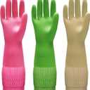 Bamllum 3 Pairs of Rubber Dishwashing Gloves for Kitchen and Household Cleaning  Long Cuff 15", Reusable, Flexible Long-lasting and Non-Slip (Red+Yellow+Green, Medium)