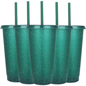 Suertestarry Tumbler with Straw and Lid, Water Bottle Iced Coffee Travel Mug Cup, Reusable Plastic Cups, Perfect for Parties, Birthdays, 24oz-5 Pack (Dark Green)
