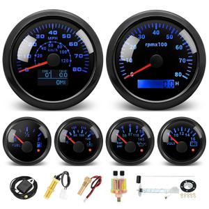 MH 6 AUTO Boat Gauge Set - 3-3/8" 80MPH & 120KM GPS Speedometer, Tachometer, 2-1/16" 52mm Oil Pressure Gauge, Fuel Level, Water Temperature, Voltmeter Alarm Marine Meter Kit with Sensor(Black)