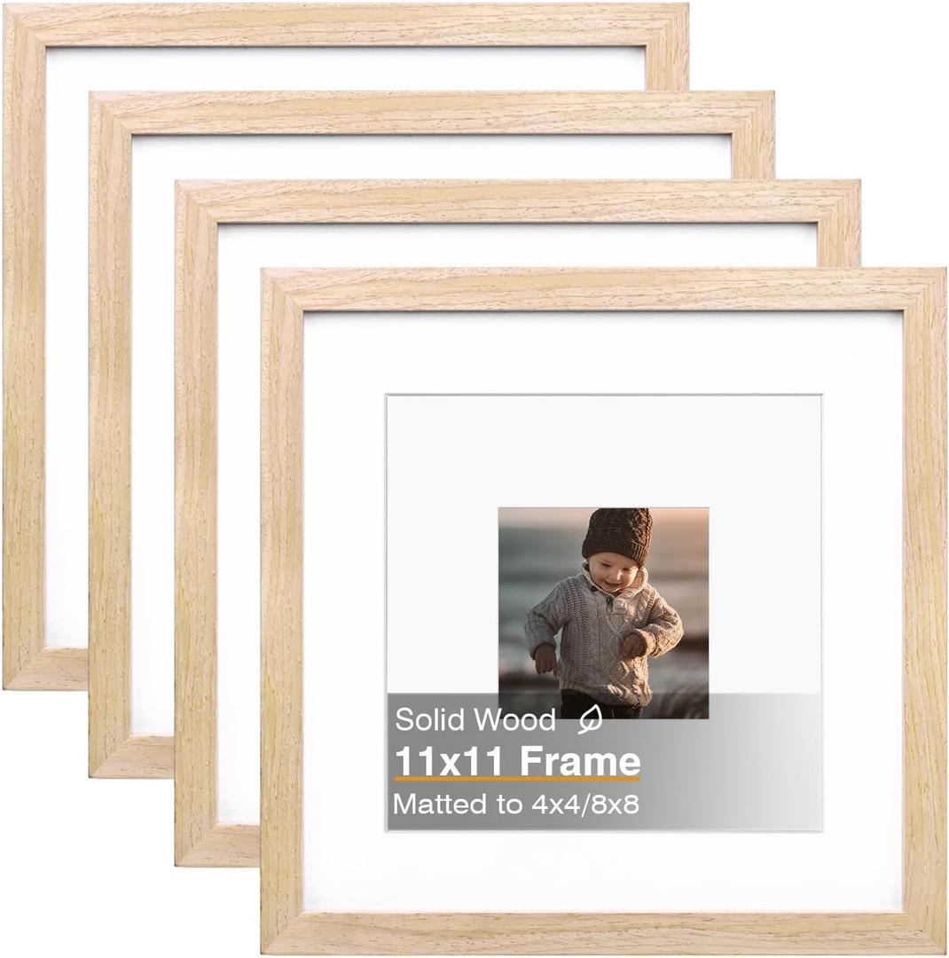KINLINK 11x11 Picture Frame, Natural Square Solid Wood Frames for Pictures 4x4 and 8x8 with Mat or 11x11 without Mat, Wall and Tabletop Display Photo Frames Natural Wood 4 Pack