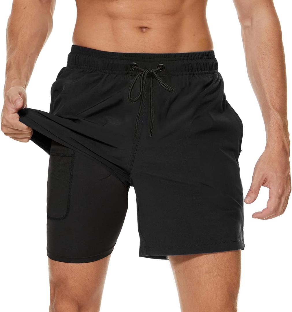 Arcweg Mens Swim Trunks with Compression Liner 2 in 1 Beach Swimming Trunks Quick Dry Swim Shorts with Zipper Pockets (X-Small, Black)