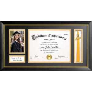 Yaetm 11x22 Diploma Frame with Tassel Holder for 8.5x11 Certificate Document & 4x6 Photo with High Definition Glass, Black Mat Over Gold Acid-free Mat, Black Graduation Frame 2026