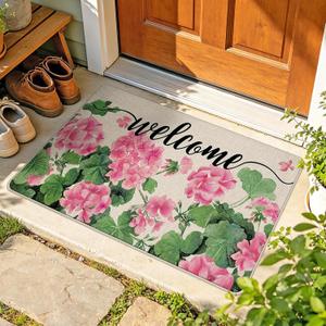 Welcome Spring Summer Geranium Flower Decorative Front Door Mat, Pink Floral Doormat Indoor Outdoor Non-Slip Floor Entryway Rug, Seasonal Home Kitchen Decoration 17x29 Inch