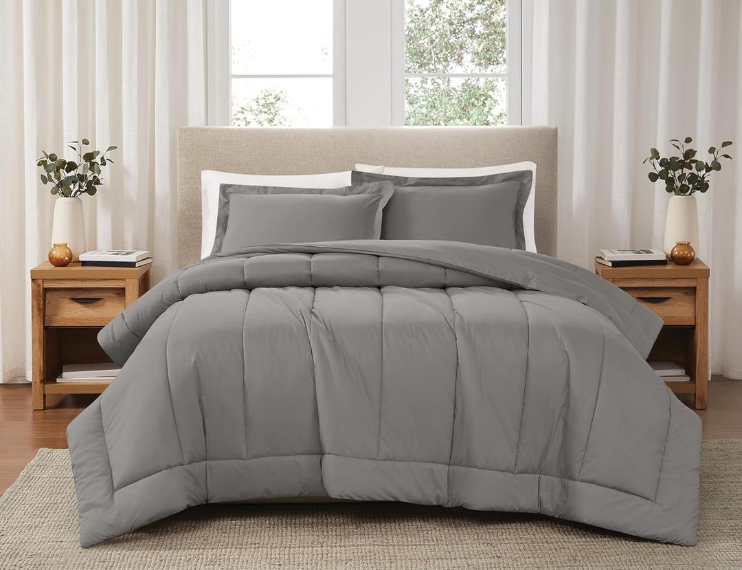 Brooklyn Loom Solid Cotton Percale Grey Full/Queen 3 Piece Comforter Set, Solid Color Themed, Oeko-TEX Certified Confidence