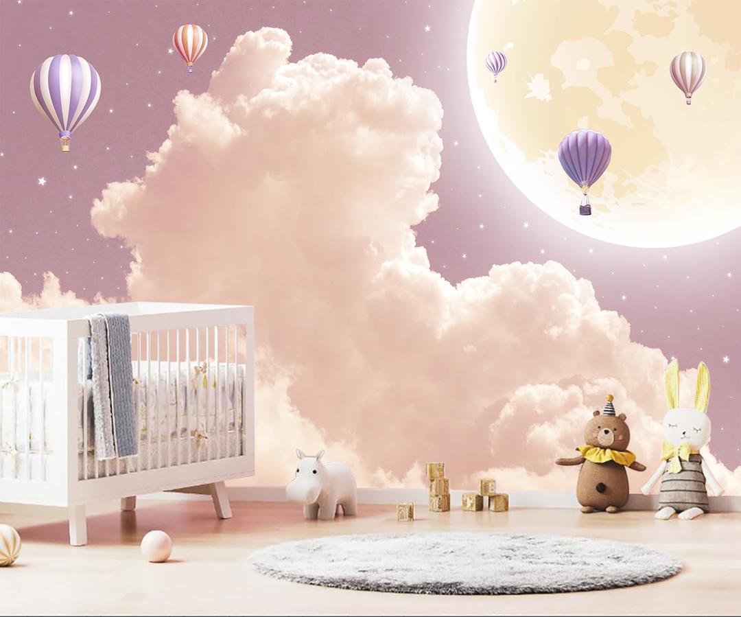Pink and Purple Clouds Wallpaper Hand-Painted Hot Air Balloons Moon Wall Mural for Children's Room Girls Room (Not Peel and Stick)