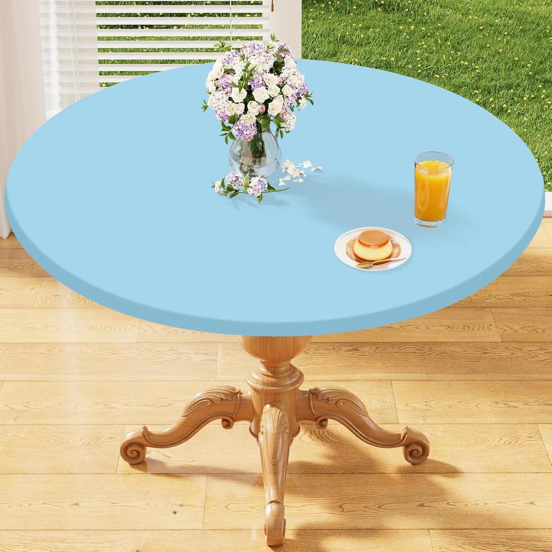 homing Round Elastic Fitted Tablecloth, Water-Resistant Fabric Tablecloths for 45"-56" Tables, Washable Polyester Table Cover for Picnic, Caming, Dinner, Indoor & Outdoor, Light Blue