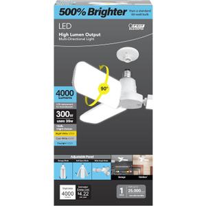 Feit Electric LED Garage Light Bulb, 300W Equivalent, 4000 Lumens, 3CCT, Adjustable Panel, Multi-Directional Garage Light Panels, E26 Base, 25,000-Hour Lifetime, ADJ4000/3CCT/LED