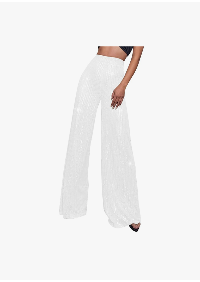 Generic Sequin Pants Women Fashion High Waist Pant Sparkly Wide Leg Trousers Elastic Loose Side Zipper Shiny Pants, Size -XL