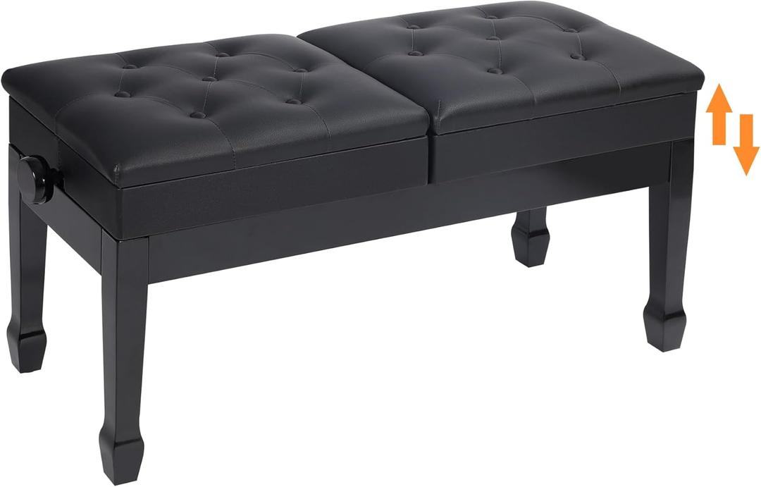 Longer Duet Piano Bench with Storage,Adjustable Heavy Duty Wooden Double Keyboard Piano Bench Seat with PU Leather Cushion, Black