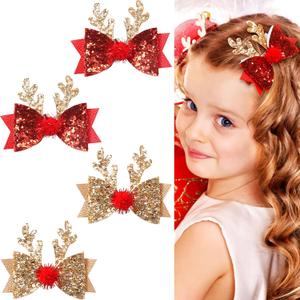 4 Pcs Christmas Hair Clips Xmas Bow Hair Accessories Cute Reindeer Antlers Ears Glitter Sequins Hair Barrettes Holiday Headdress Hairpin for Girls Women Kids Party Cosplay Prezzie