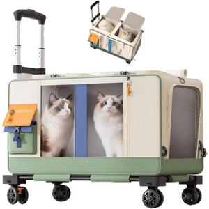 Large Cat Carrier with Wheels for 2 Cat, Double Rolling Pets Carrier on Wheel, Foldable Soft-Sided Carriers with Telescopic Handle, for Small Dogs Travel Bag for Outdoor Hiking Camping