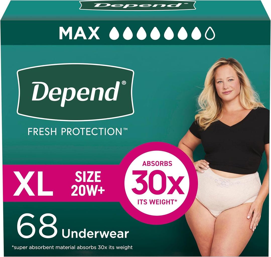 Depend Fresh Protection Adult Diapers, Incontinence & Postpartum Bladder Leak Underwear for Women, Disposable, Maximum, Extra-Large, Blush, 68 Count (2 Packs of 34), Packaging May Vary