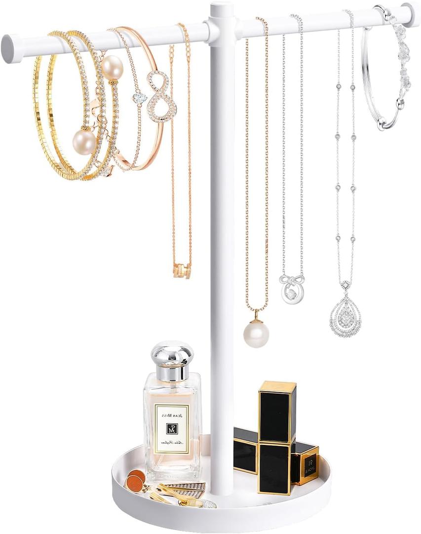 bodkar Jewelry Necklace Organizer Stand,12.9" Tall Sturdy Metal Jewelry Stand with Round Tray for Bracelet Bangles Holder Display,Long Necklace Organizer Holder (white)