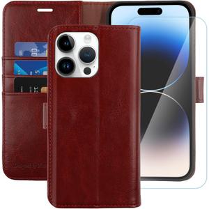 MONASAY Wallet Case Compatible for iPhone 14 Pro Max 5G, 6.7-inch, [Glass Screen Protector Included] [RFID Blocking] Flip Folio Leather Cell Phone Cover with Credit Card Holder, Burgundy