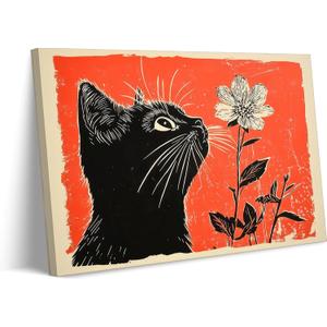 Framed Vintage Black Cat Canvas Wall Art Cat Wall Decor Pictures black cat curiously sniffing a delicate flower Posters Prints for Living Room Dining Room Bedroom Bathroom Home decoration 16x24in