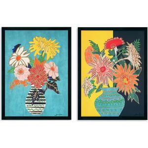 Yidepot Teal Gold Flowers Wall Decor - Vase Flower Boho Blue Floral Art Prints Fake Black Frame Colorful Art Work for Bedroom Walls 12"x16"x2 -black wood frame