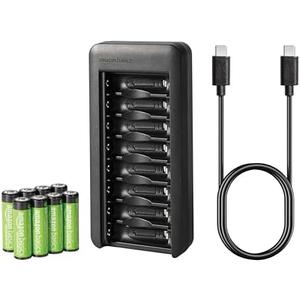 Amazon Basics Rechargeable AA NiMh Batteries with 8-Bay Battery Charger, USB-C Port, No AC Power Adapter, 8 Count (Pack of 1), Black