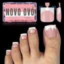 NOVO OVO French Tip Toe Nail Tips Press on, Sharp Square Pre-Designed Soft Gel False Toenail Extension, BABY PINK Pre-applied Tip Primer & Base Coat, Full Cover Acrylic for DIY x 15 Sizes 240 pcs