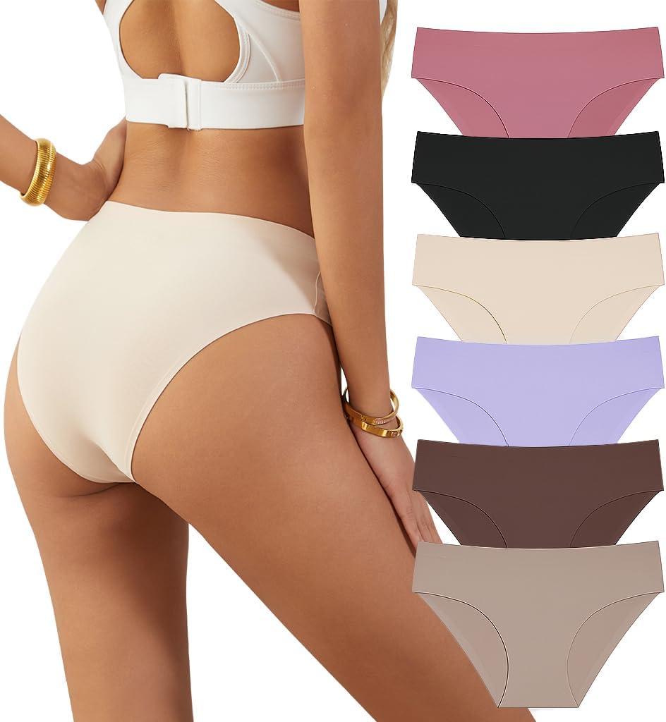 YSMCOZY 6 Pack Womens Seamless Hipster Underwear No Show Panties Invisibles Briefs Soft Stretch Bikini Underwears (S-XL) (L)