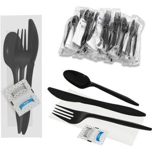 100Pack Plastic Cutlery Packets, Knife Fork Spoon Napkin Salt Pepper Sets, Individually Wrapped Black Plastic Cutlery Packets for Delivery, Cafeterias, Restaurants