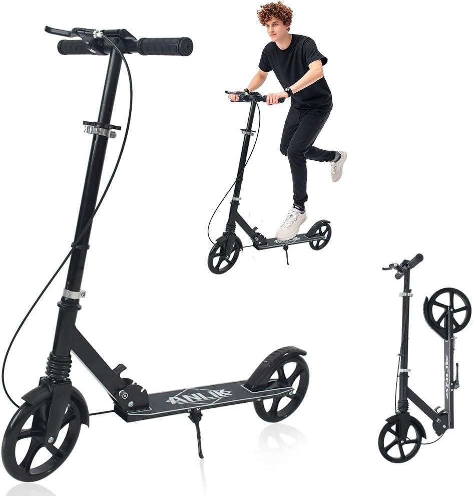 Dual-Brake Shock-Absorbing Kick Scooter, Anti-Skid PU Wheels, 4 Height-Adjustable Positions, Wider Pedals, Suitable for Children Over 6 Years Old, Teenagers & Adults (Black)