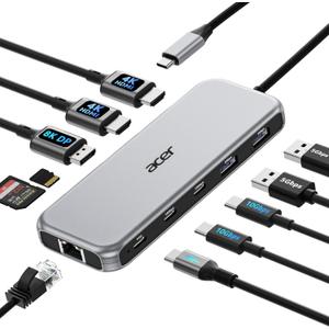 Acer Laptop Docking Station 3 Monitors, 11-in-1 USB C Docking Station with 8K DP, HDMI 4K60Hz, 10Gbps Data, 1 Gbps Ethernet Hub, 100W Power Delivery, SD/TF, USB C Hub Multiport Adapter for Laptop