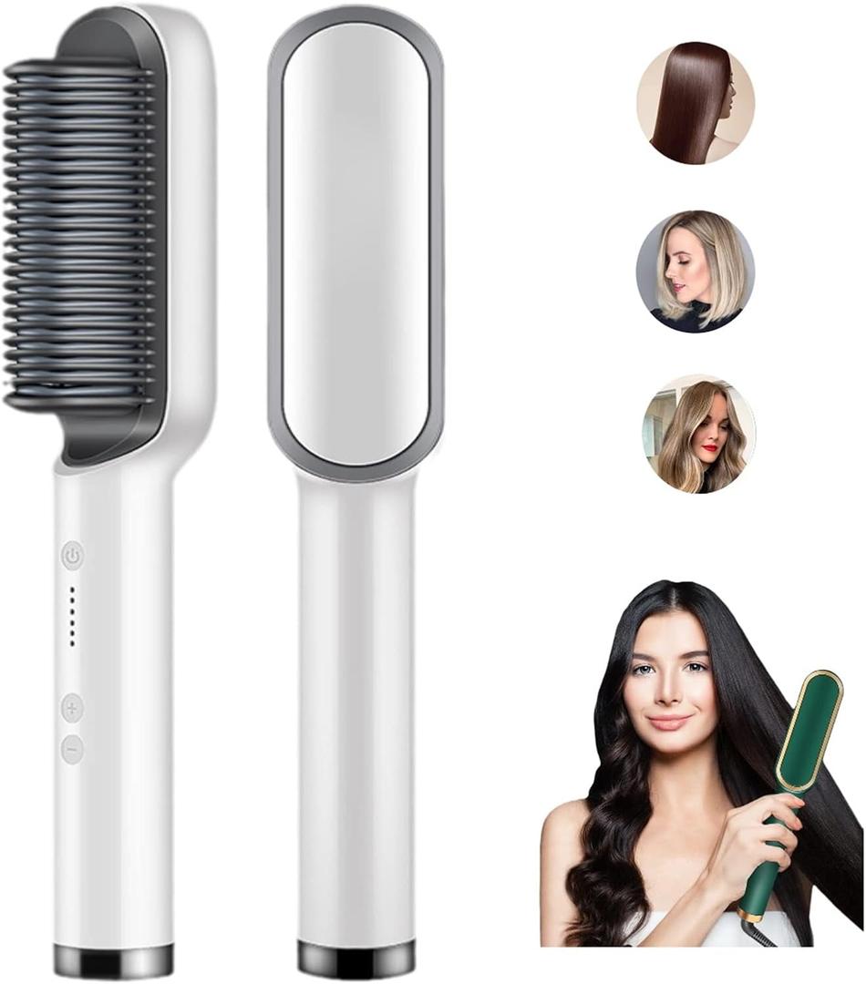 2023 New Negative Ion Hair Straightener Styling Comb with 5 Temp, 2 in 1 Brush and Curler, Portable Electric Straightening Heated 10s Fast Heating Anti-Scald (White) 1.0 Count
