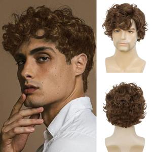 Mens Short Curly Brown Wig Synthetic Heat Resistance Fiber Costume Replacement Wigs for Male Guy