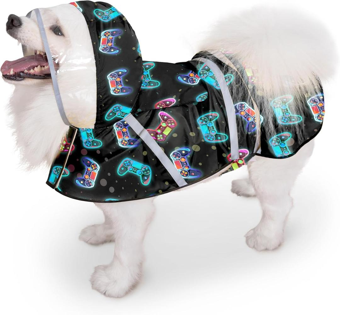 Dog Raincoat, Adjustable Rain Jacket with Hooded Double Layer for Large Medium Small Dogs Puppies, Lightweight Waterproof Rain Coat Poncho with Reflective Stripe Game Controller Black,Medium
